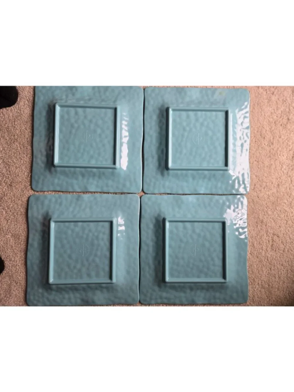 4 Tommy Bahama Blue / Aqua 10.75” Hobnail Square Melamine Dinner Plates